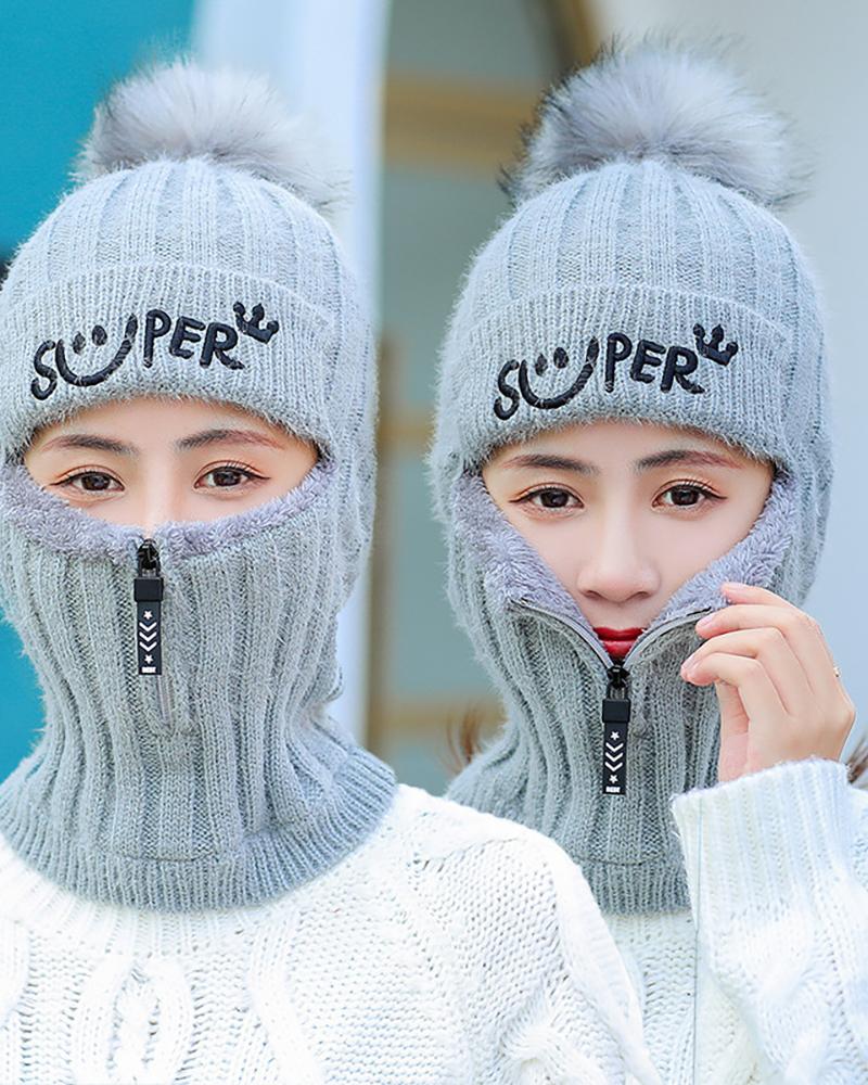 Letter Pattern Zip Cutout Pom Pom Cuffed Beanie