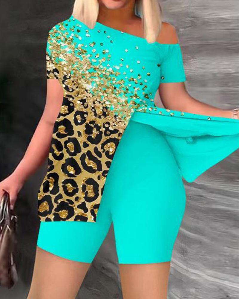 Plus Size Contrast Leopard Print Split Top & Shorts Set