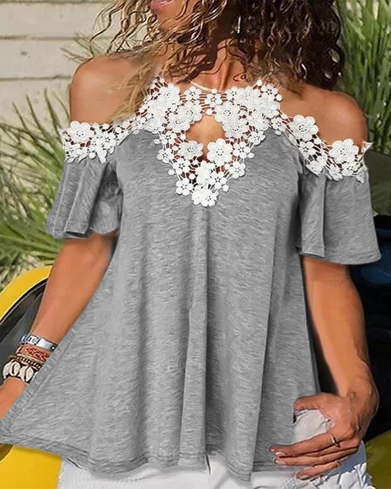Guipure Lace Patch Cutout Cold Shoulder Top