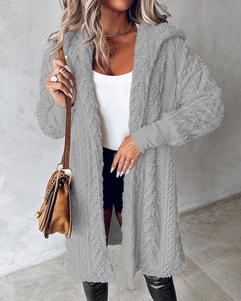 Fuzzy Textured Hooded Longline Fleece Coat