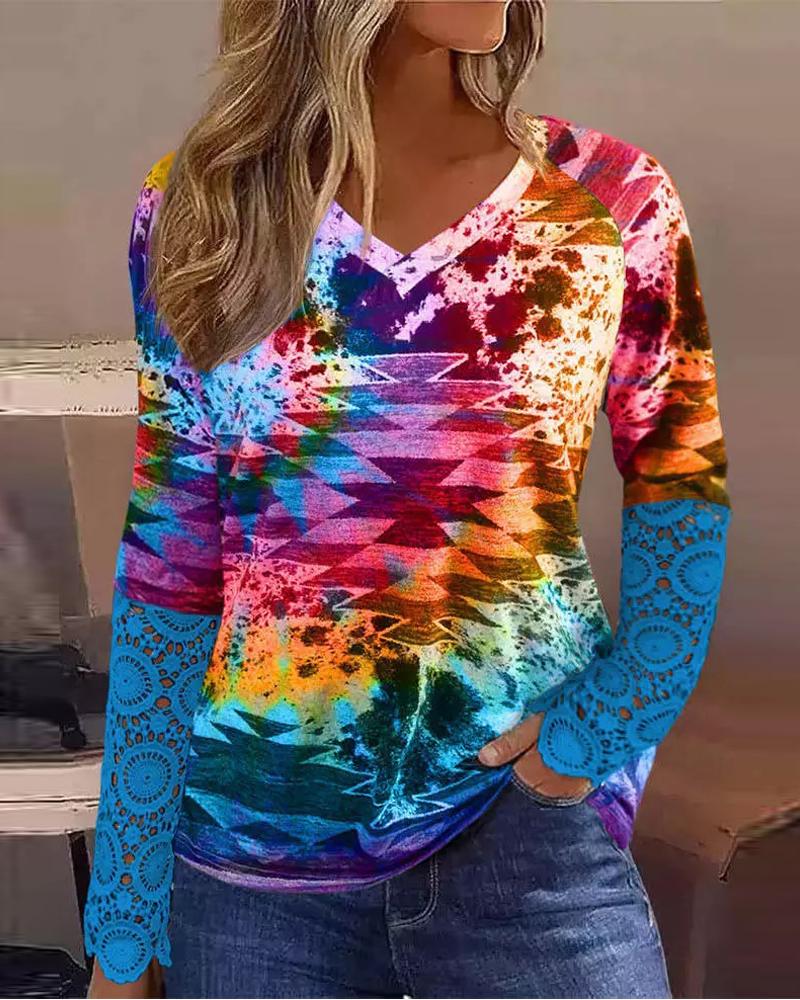 Aztec Geometric Tie Dye Print Contrast Lace Long Sleeve Top