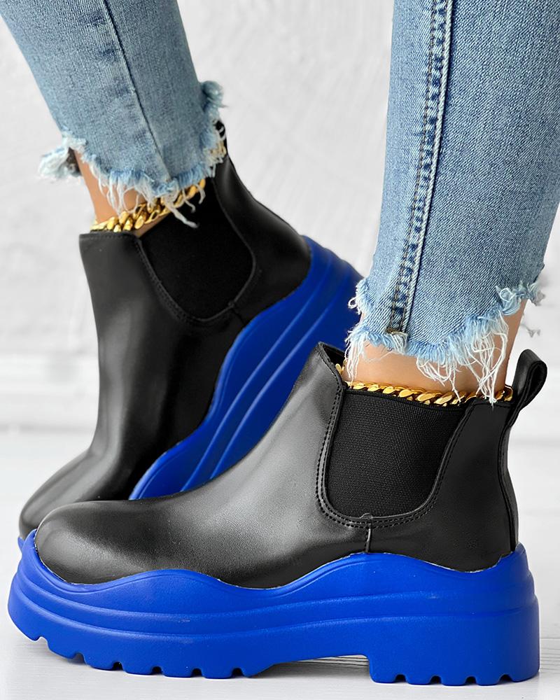 Colorblock PU Leather Platform Ankle Boots