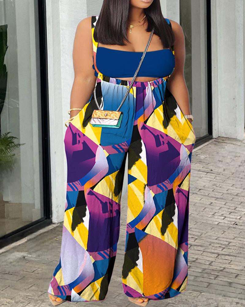 Plus Size Bandeau Crop Top & Abstract Geometric Print Suspender Jumpsuit Set