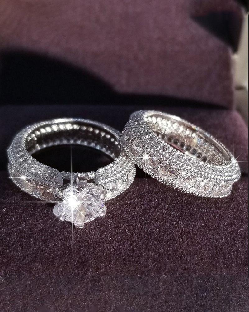 2pcs Fashionable Allover Rhinestone Wedding Rings Set
