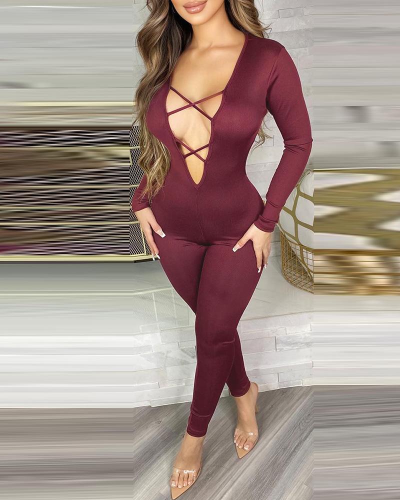Cutout Front Long Sleeve Skinny Jumpsuit