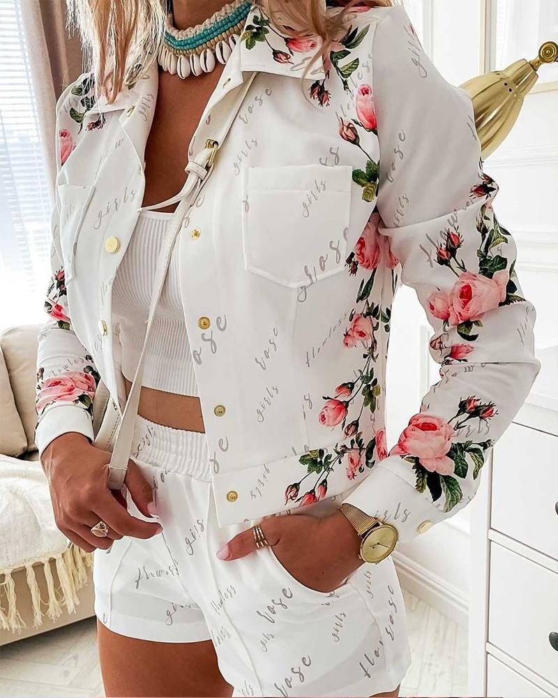Floral Letter Print Long Sleeve Top & Shorts Set