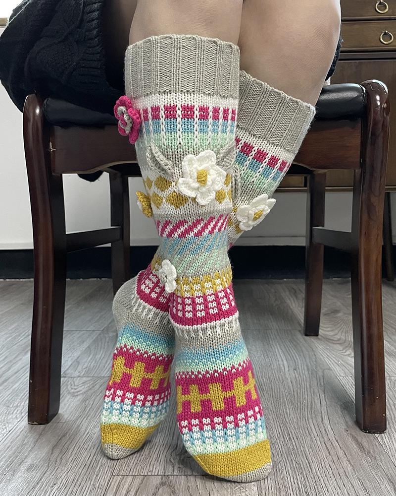 1Pair Floral Geometric Pattern Knit Floor Socks