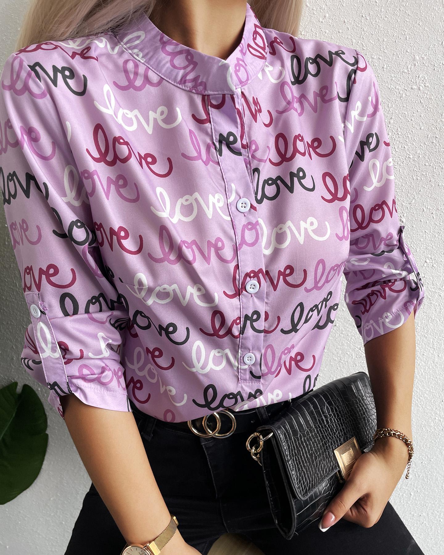 Letter Print Button Front Casual Shirt