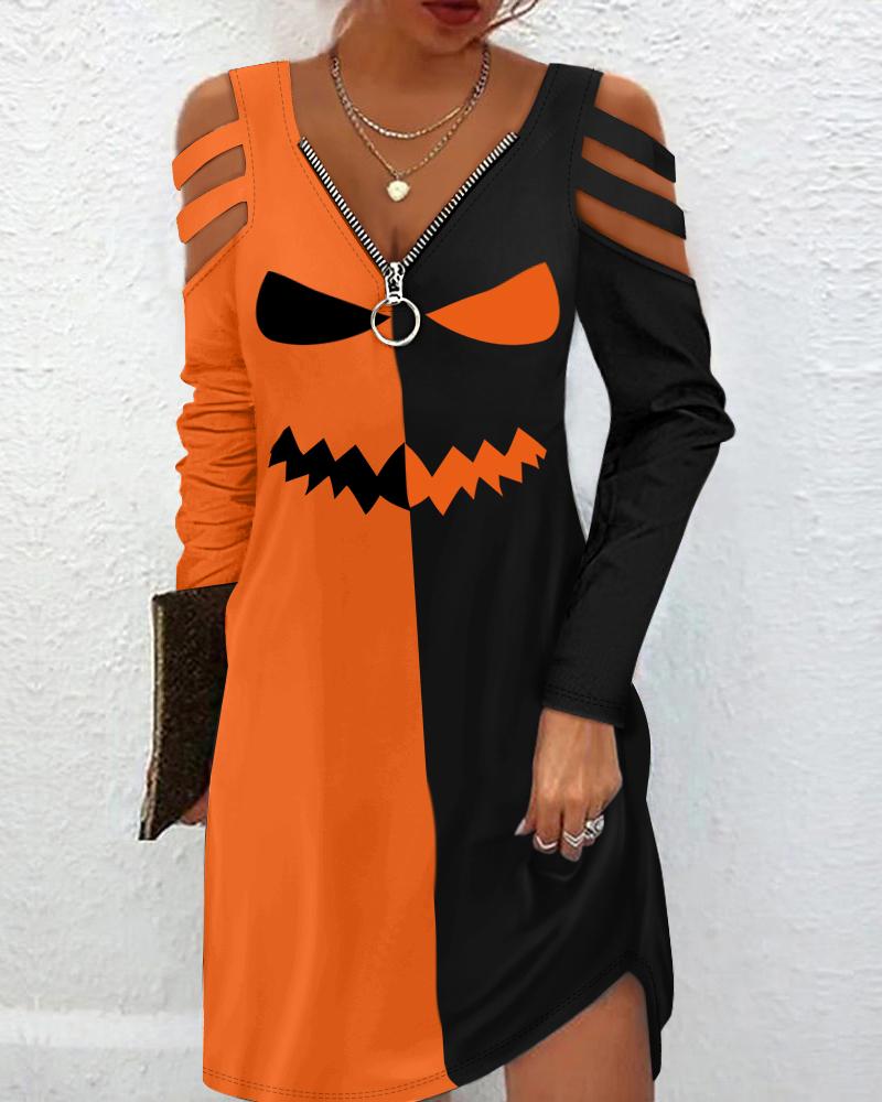 Halloween Scary Face Print Colorblock Cold Shoulder Dress