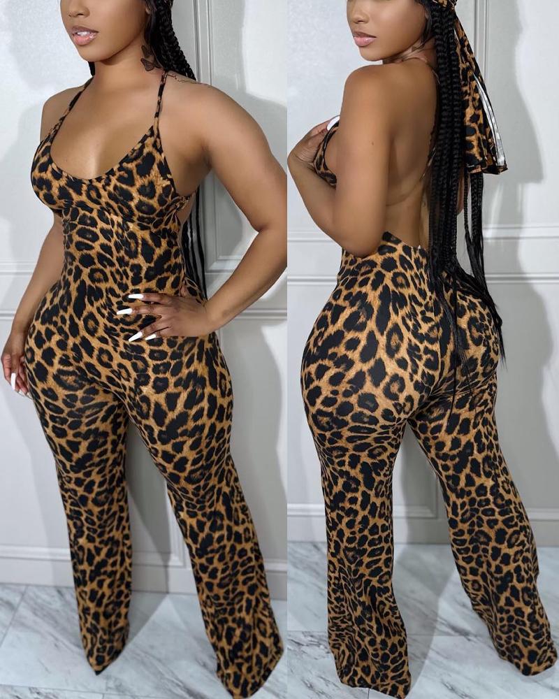 Leopard Print Spaghetti Strap Backless Jumpsuit