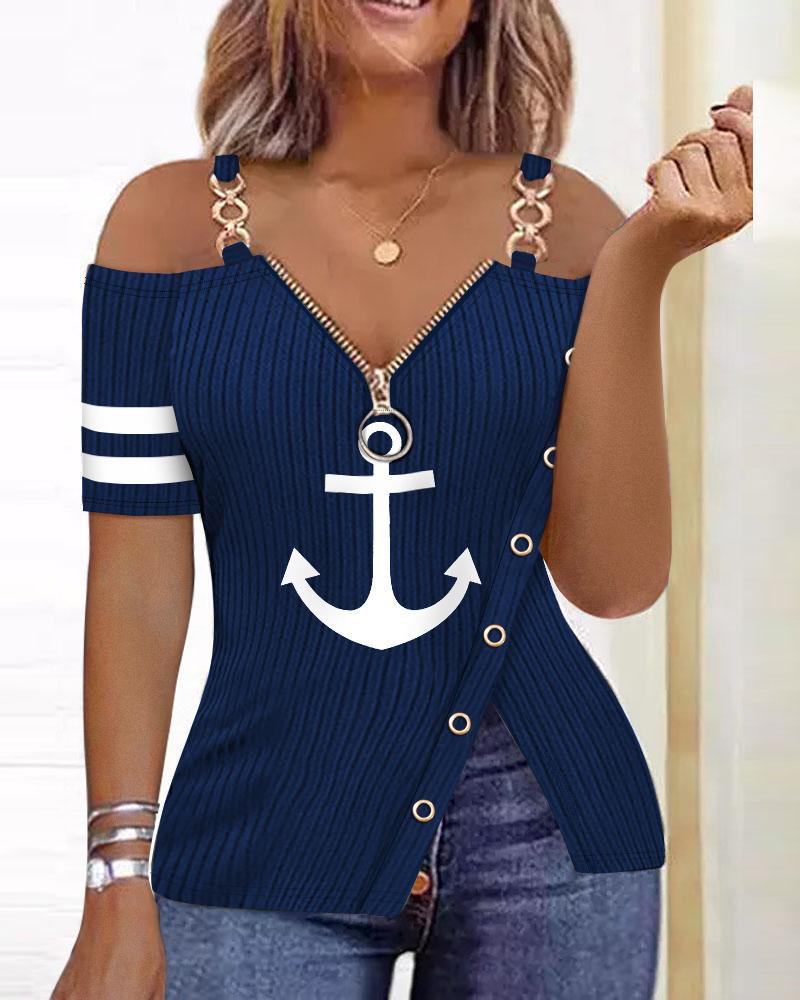 Anchor Print Zip Detail Split Hem Cold Shoulder Top