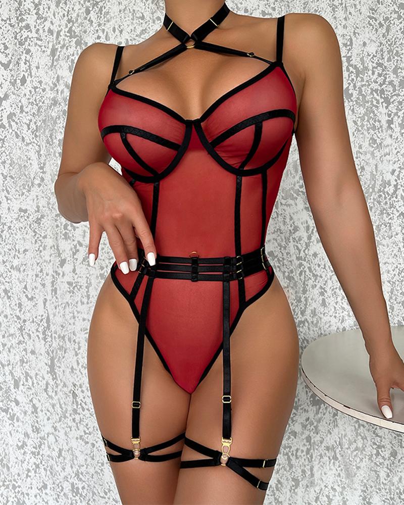 Contrast Binding Sheer Mesh Teddy With Garter Belt