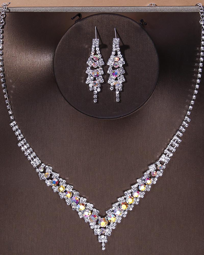 2PCS Rhinestone Decor Necklace & Dangle Earrings Wedding Bridal Jewelry Set