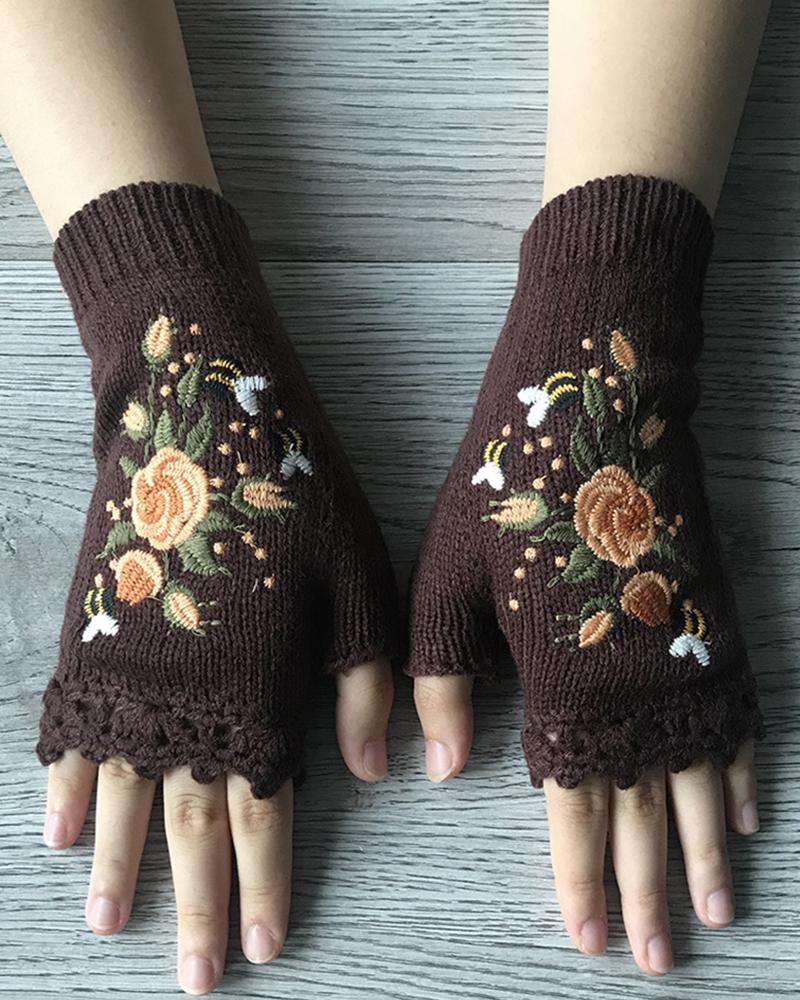 1Pair Floral Embroidery Hollow Out Fingerless Knit Gloves