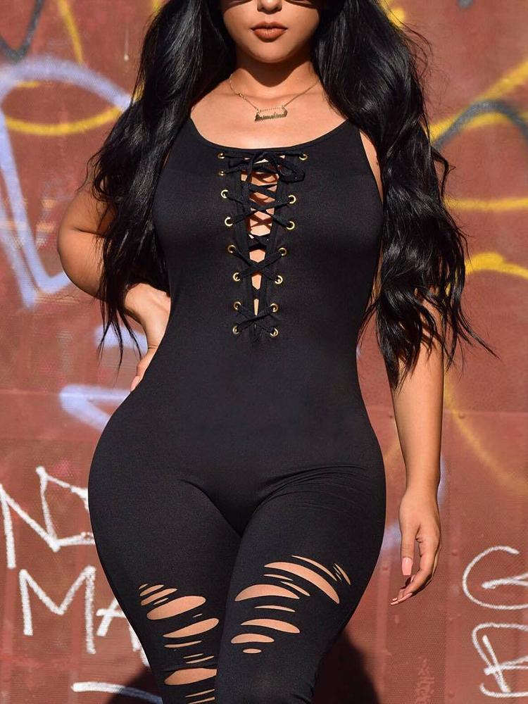 Eyelet Lace Up Cut Out Details Skinny Jumpsuits