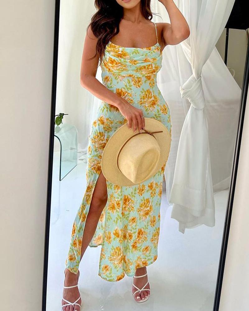Floral Print Split Thigh Spaghetti Strap Maxi Dress