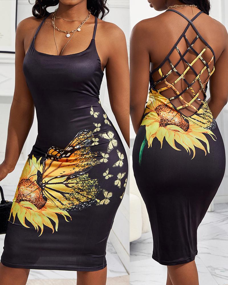 Butterfly Sunflower Print Fishnet Backless Bodycon Dress
