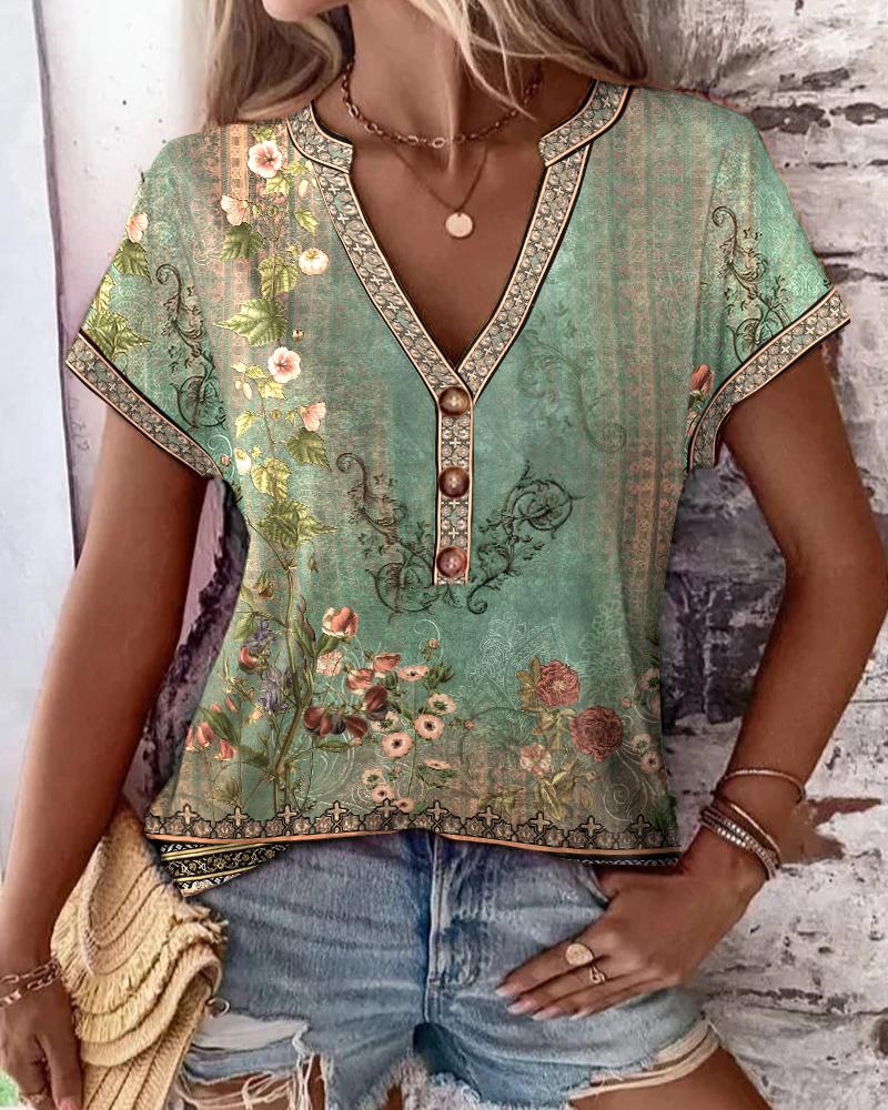 Floral Tribal Print Notch Neck Buttoned Casual T-shirt