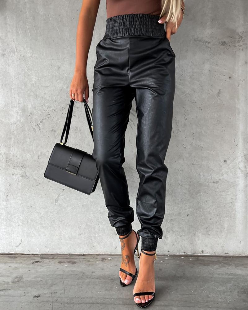 Shirred High Waist PU Leather Cuffed Pants