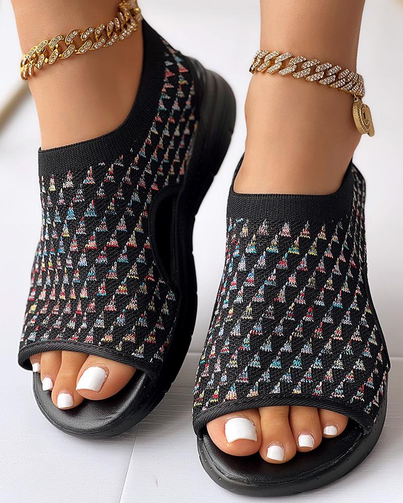 Geometric Embroidery Peep Toe Platform Sandals