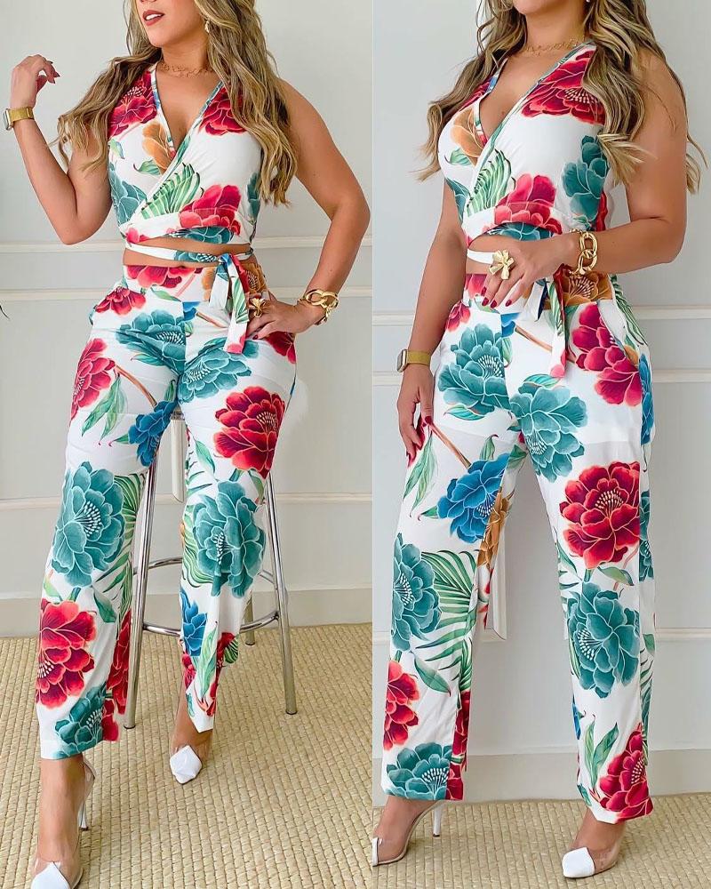 Floral Print Tied Detail Crop Top & Pants Set