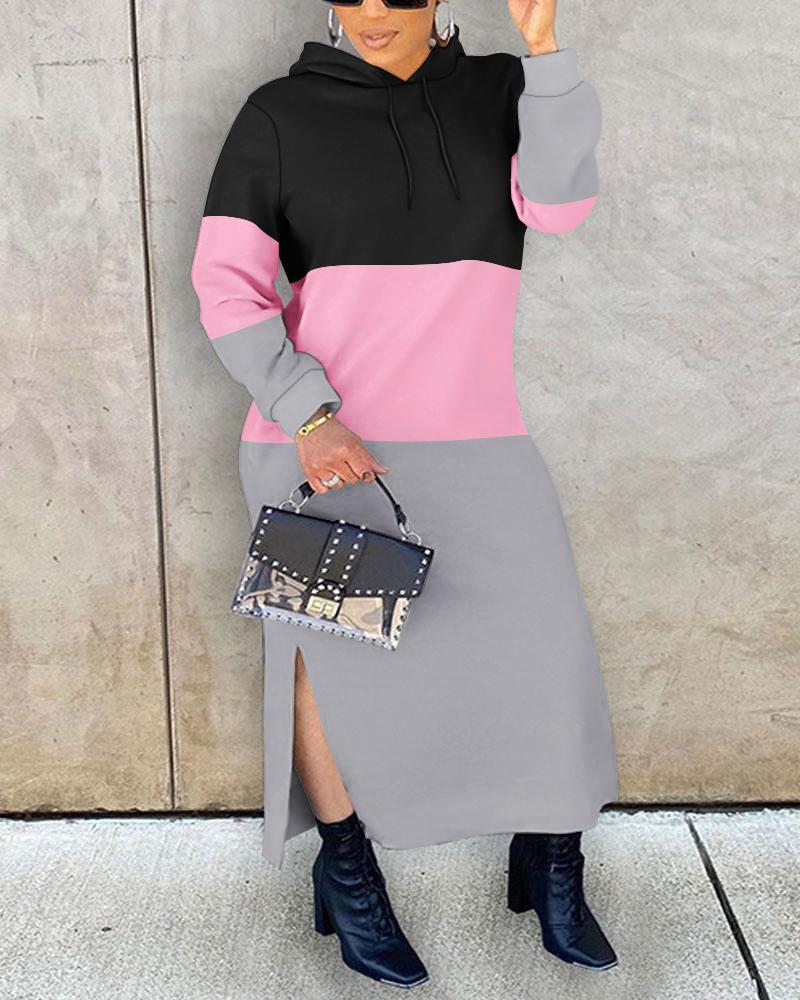 Plus Size Colorblock Slit Hooded Sweatshirt Dress