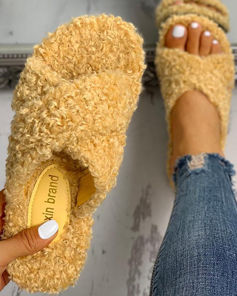 Solid Fluffy Crisscross Design Flat Sandals