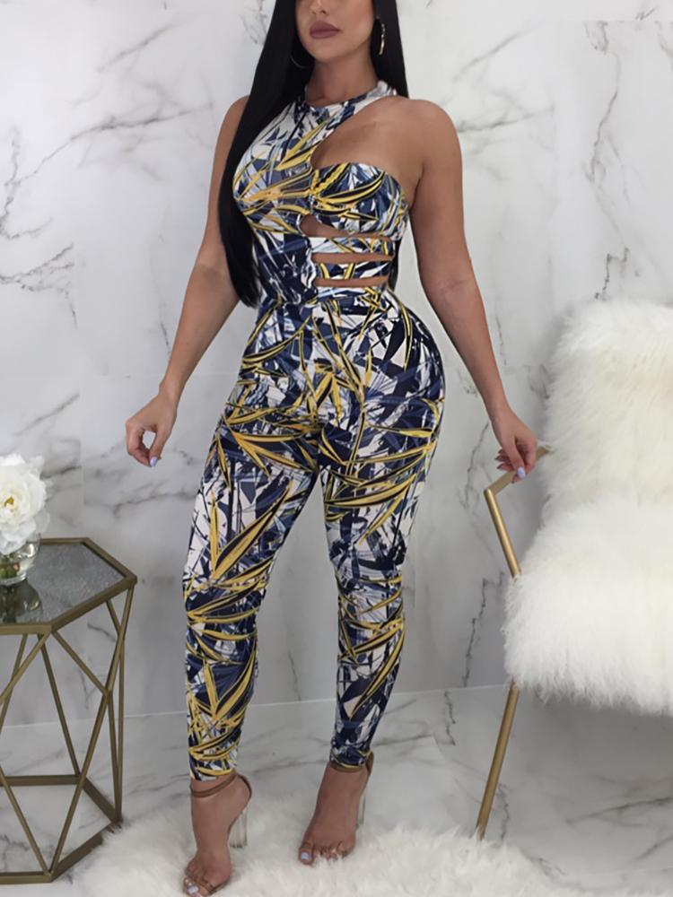 Stylish Print Cut Out Skinny Jumpsuit