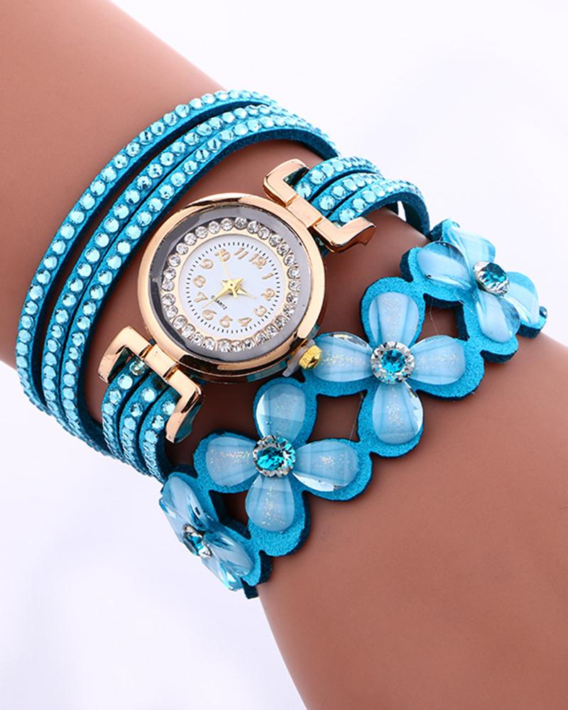 1pc Rhinestone Floral Pattern Stackable Bangle Quartz Watch