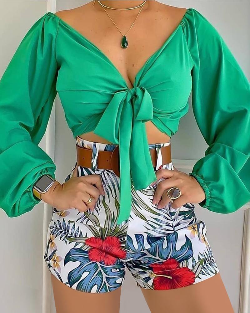 V-Neck Long Sleeve Tie Front Crop Top & Tropical Print Shorts Set