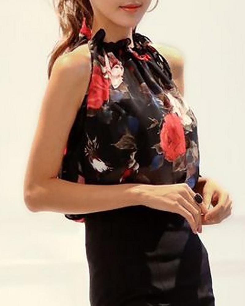 Halter Floral Print Sleeveless Top