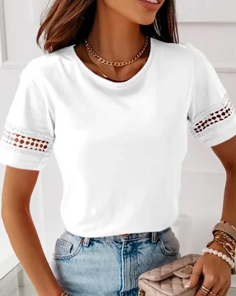 Hollow Out Lace Patch Round Neck T-Shirt