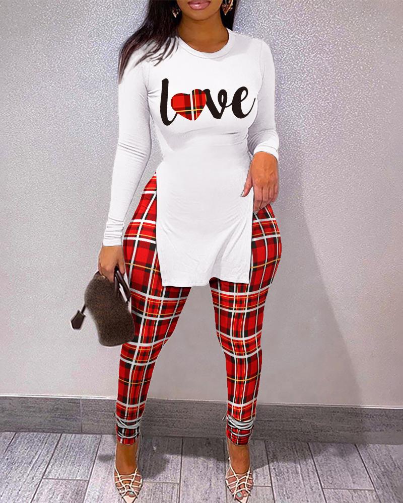 Letter Print Split Hem Top & High Waist Plaid Pants Set