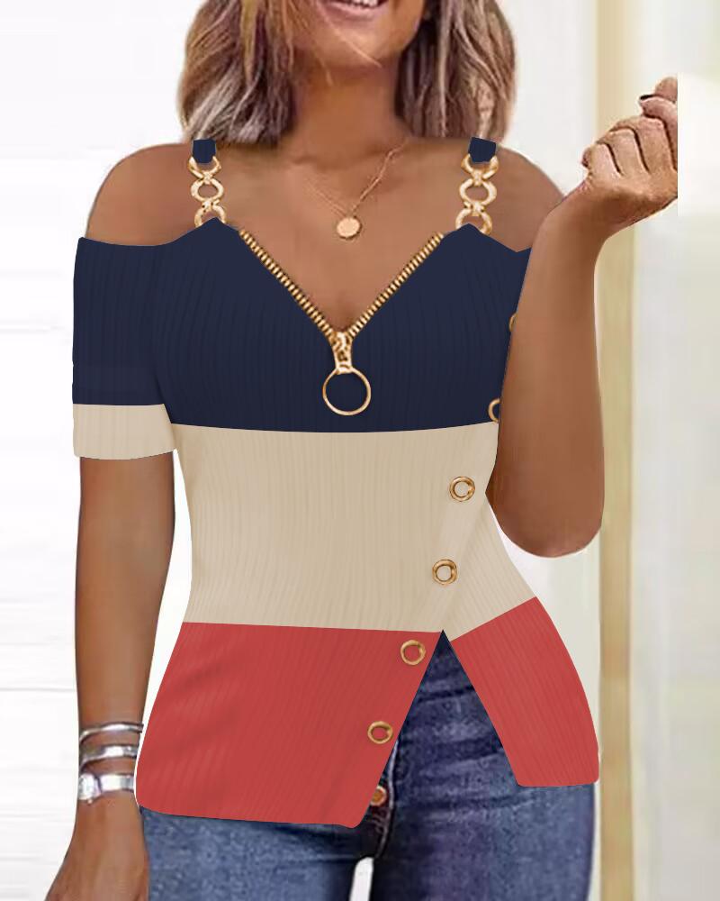 Colorblock Zip Detail Split Hem Cold Shoulder Top