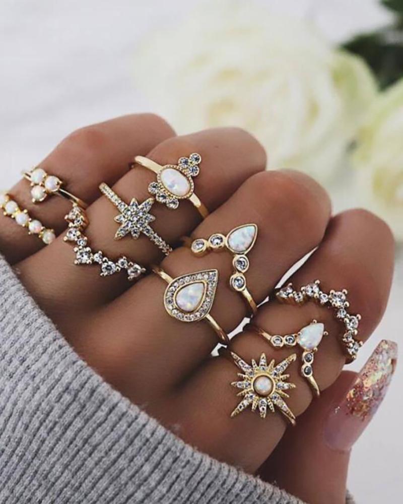 10PCS Waterdrop & Sun Pattern Opan Rhinestone Decor Rings Set