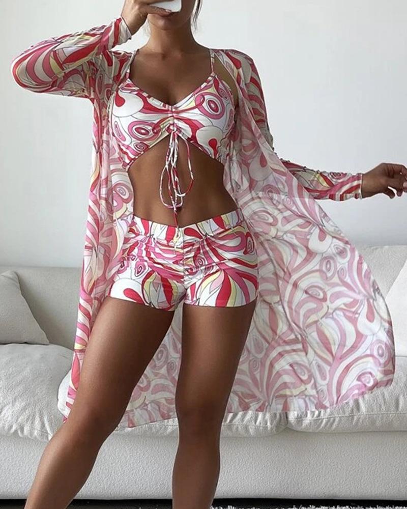 3PCS Allover Print Drawstring Bikini Set With Cover Up