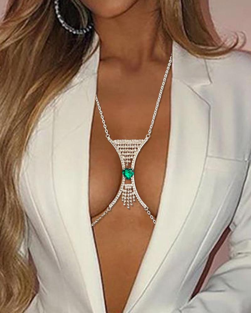 Heart Shaped Rhinestone Tassel Decor Body Chain