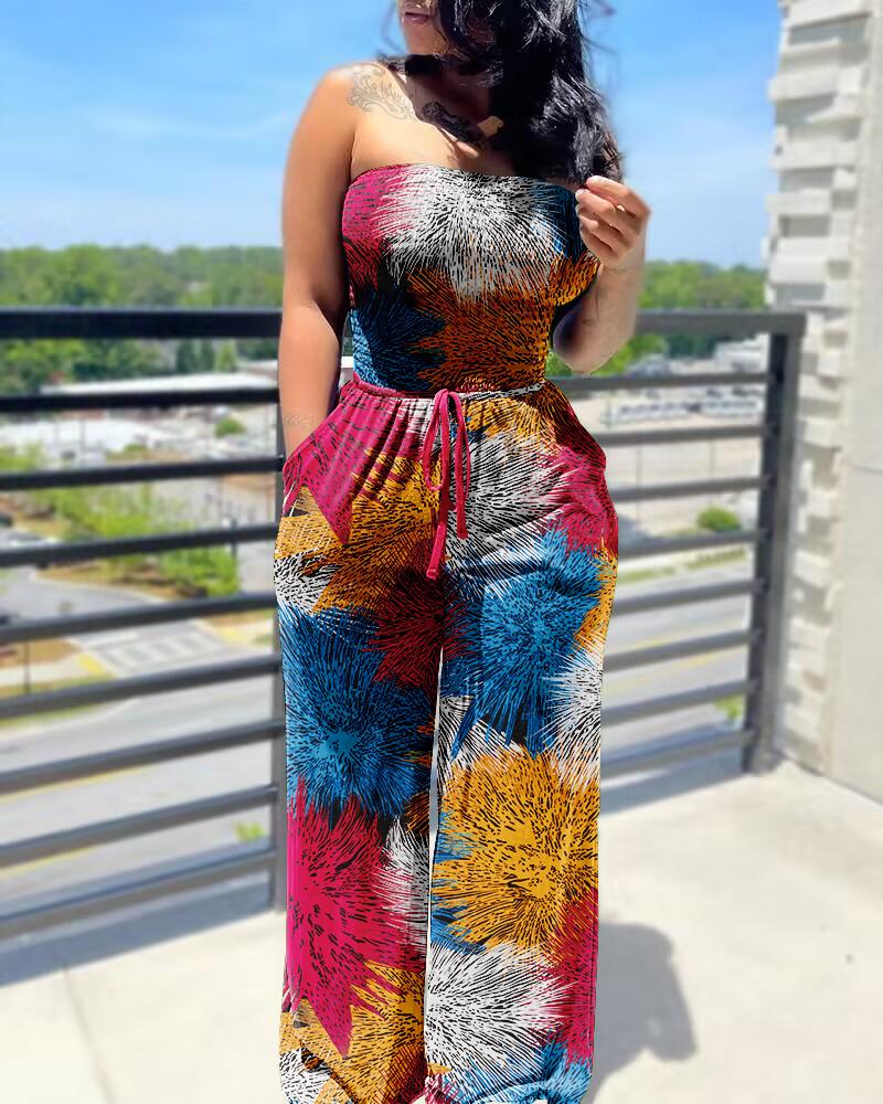 Graphic Print Shirred Bandeau Jumpsuit