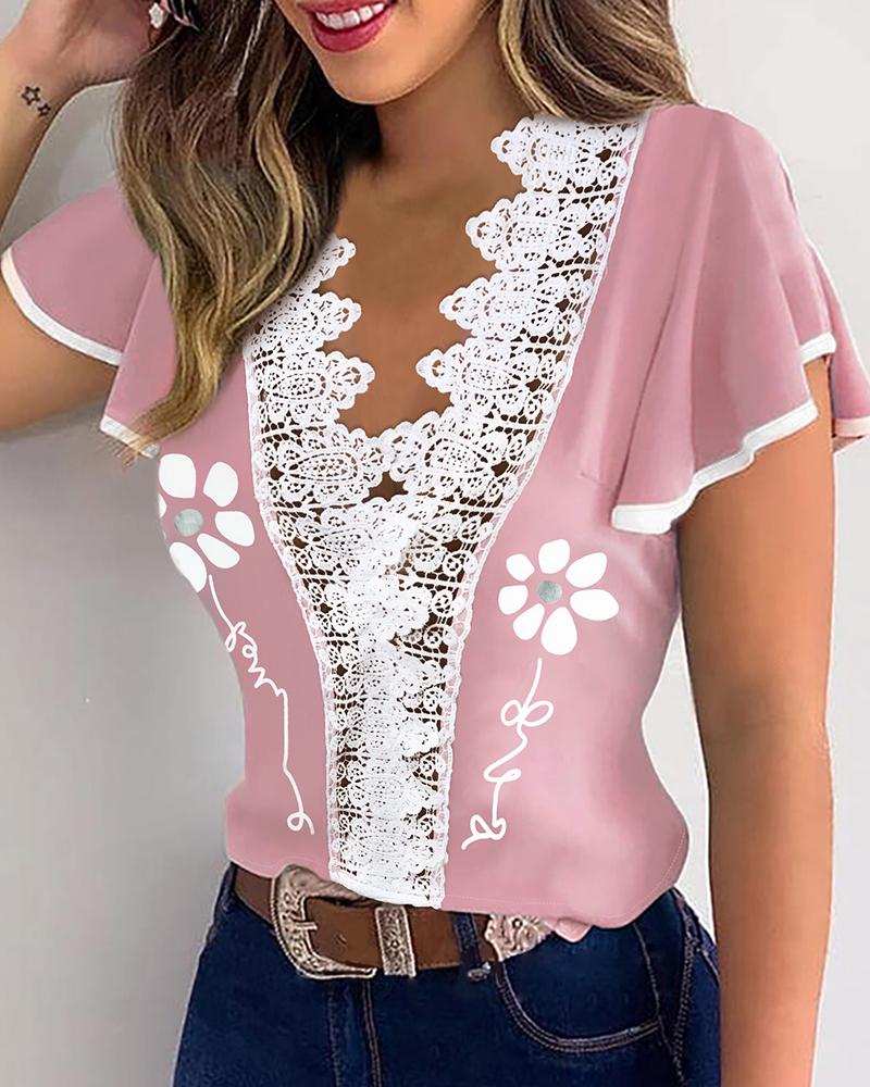 Ruffles Hem Contrast Lace Trim Top