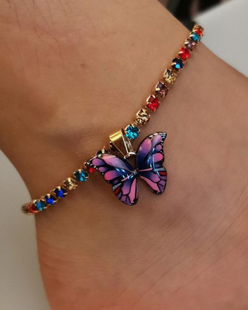 1pc Colorful Rhinestone Decor Butterfly Pendant Anklet