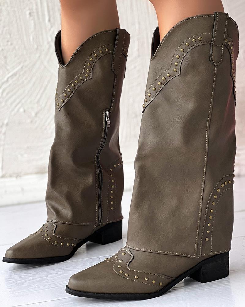 Zipper Design Studded Chunky Cowboy Boots