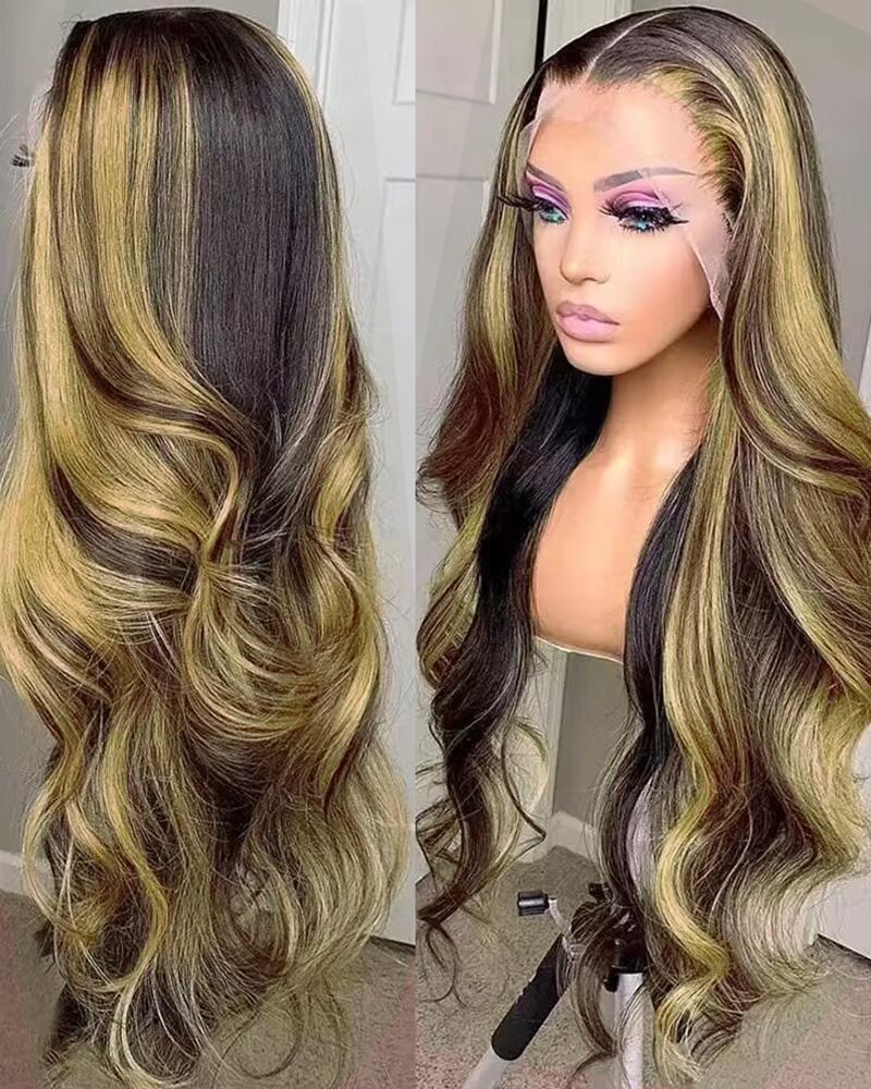 Long Highlight Ombre Body Wave Lace Front Synthetic Hair Wig