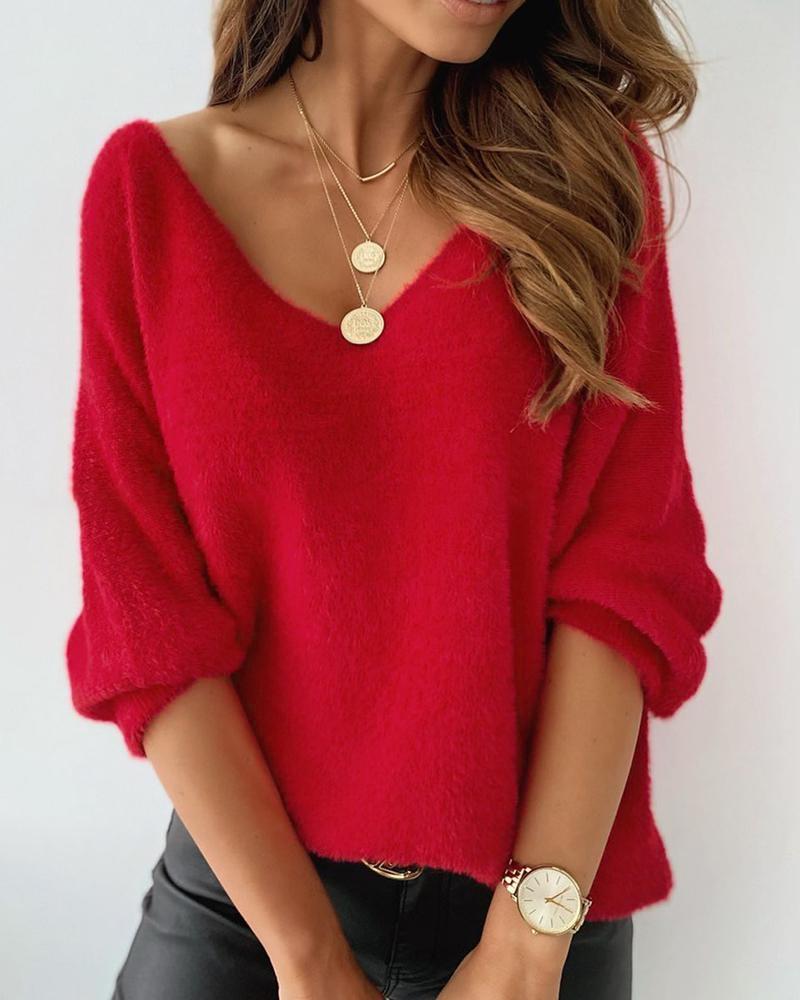 Long Sleeve Fuzzy V-Neck Knit Sweater