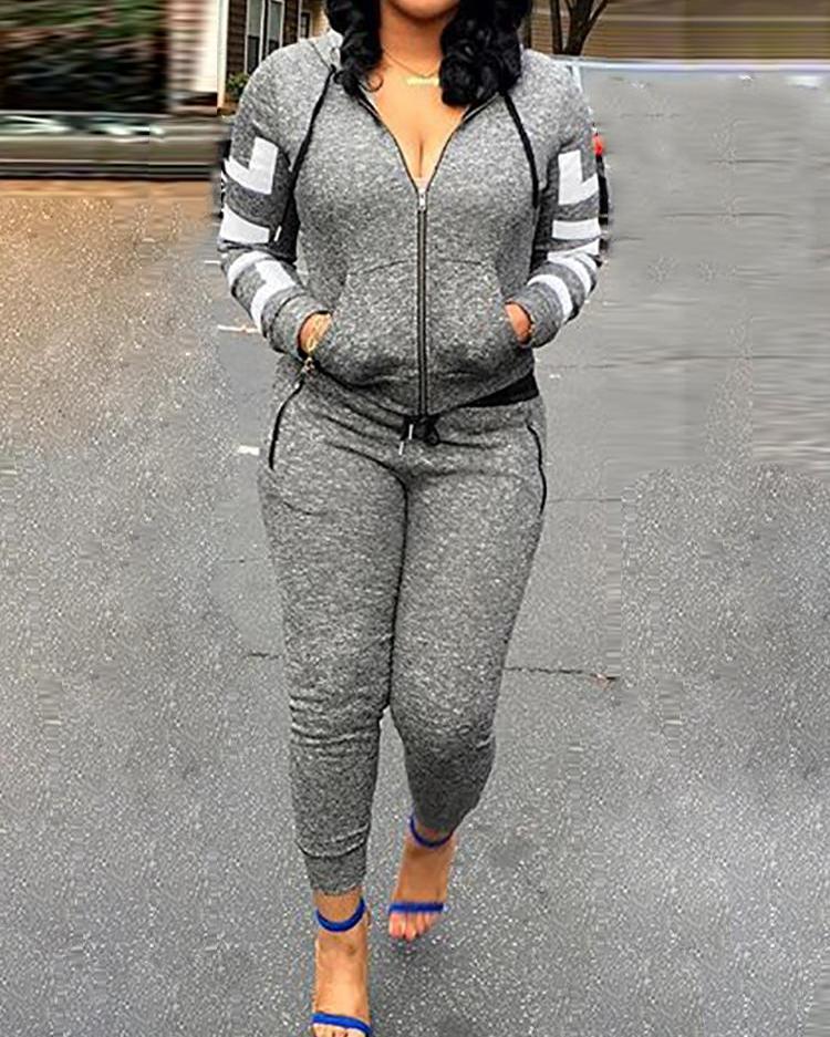 Hooded Zipper Closure Tracksuit Pants Set