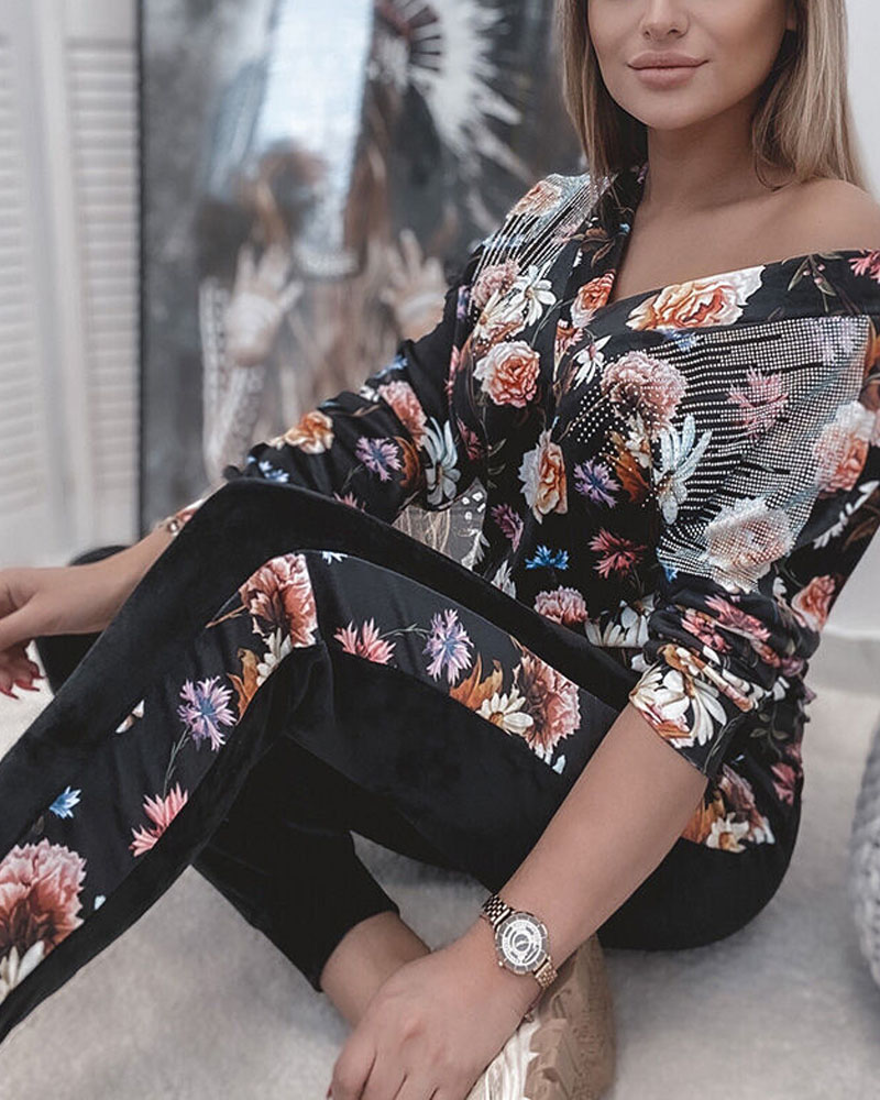 Floral Print Long Sleeve Top & Drawstring Pants Set