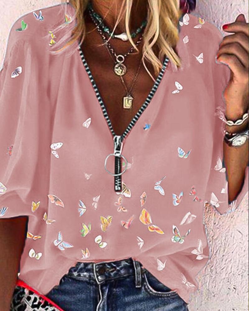 Butterflies Print Zipper Long Sleeve Shirt