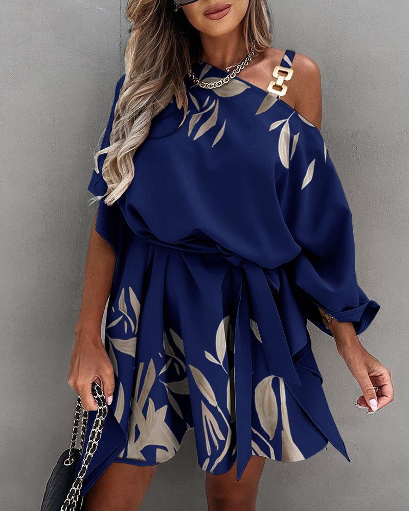 Plants Print Slash Neck Ruched Dress With Belt