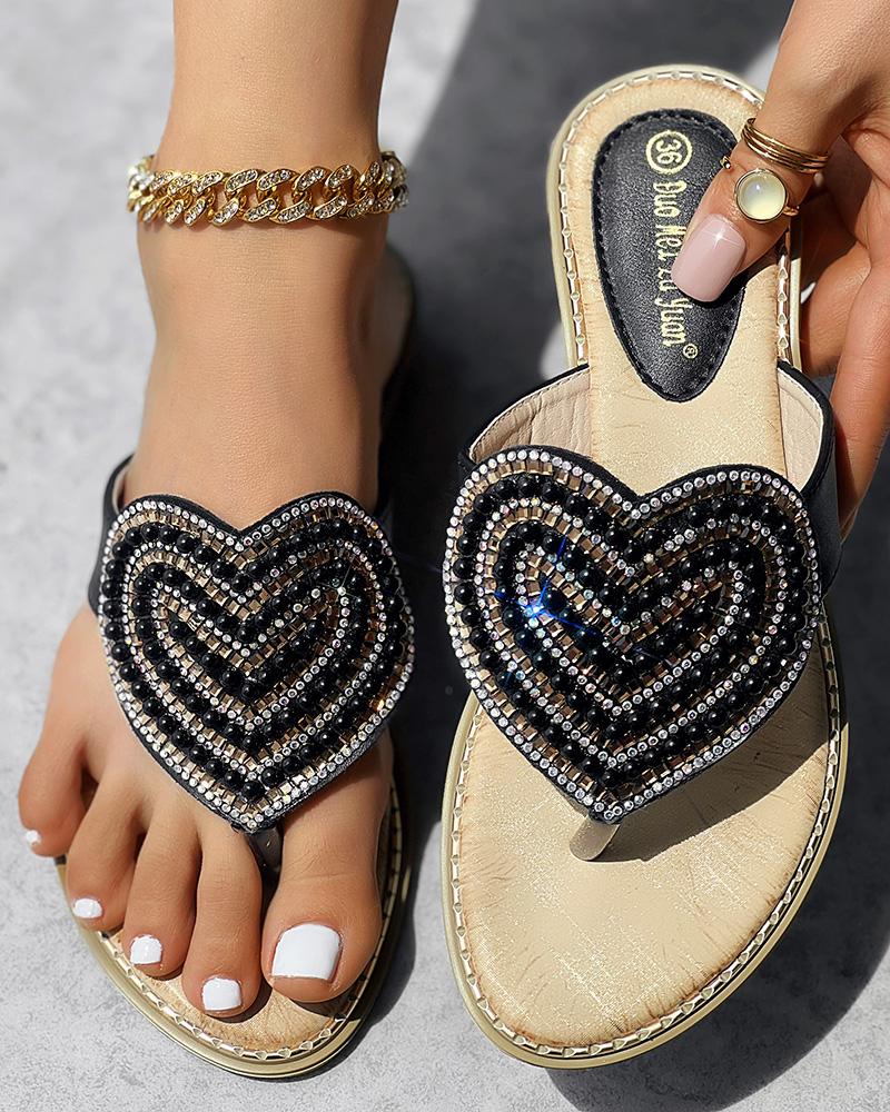 Rhinestone Pearls Heart Pattern Beach Flip Flops