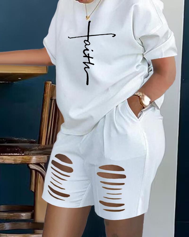 Plus Size Faith Print Ladder Cutout Casual Top & Shorts Set