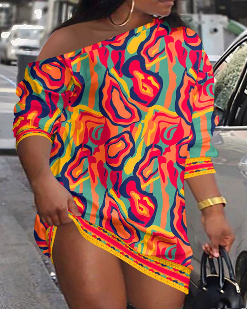 Casual Dresses Plus Size Multi-Color Abstract Print Skew Neck Casual Dress